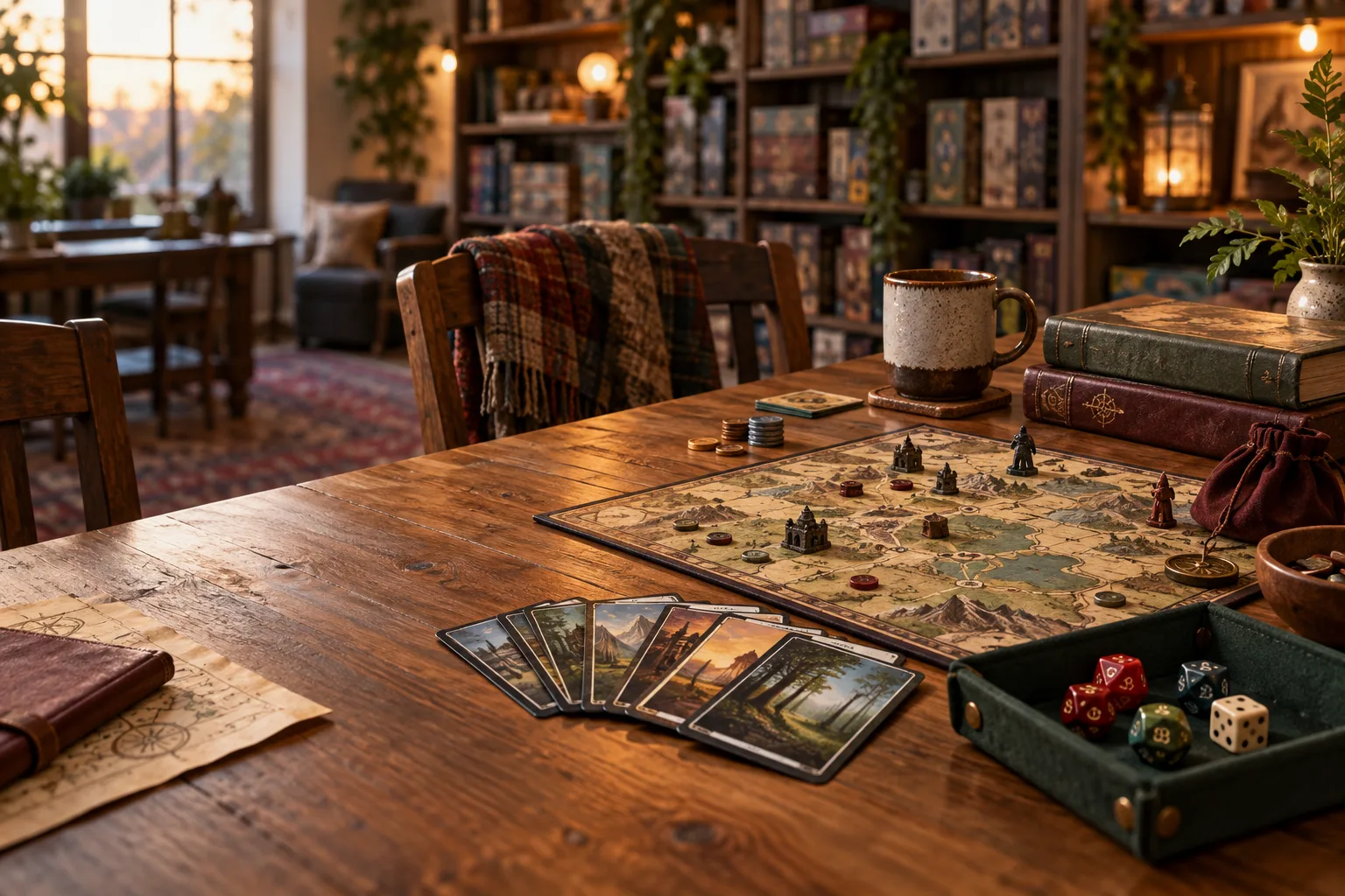 A warm tabletop game night with books, cards, dice and a board game